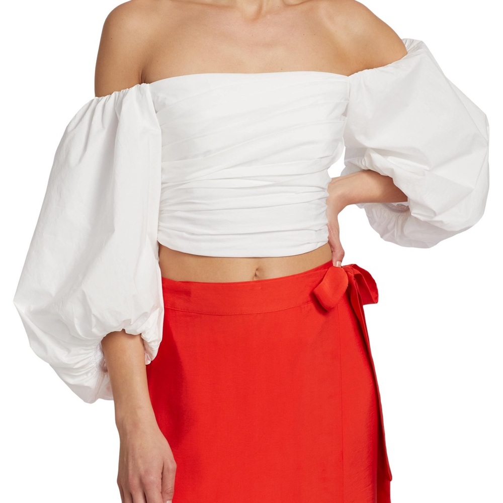 Tanya Taylor Alondra White Off-Shoulder Puff Sleeve Crop Top